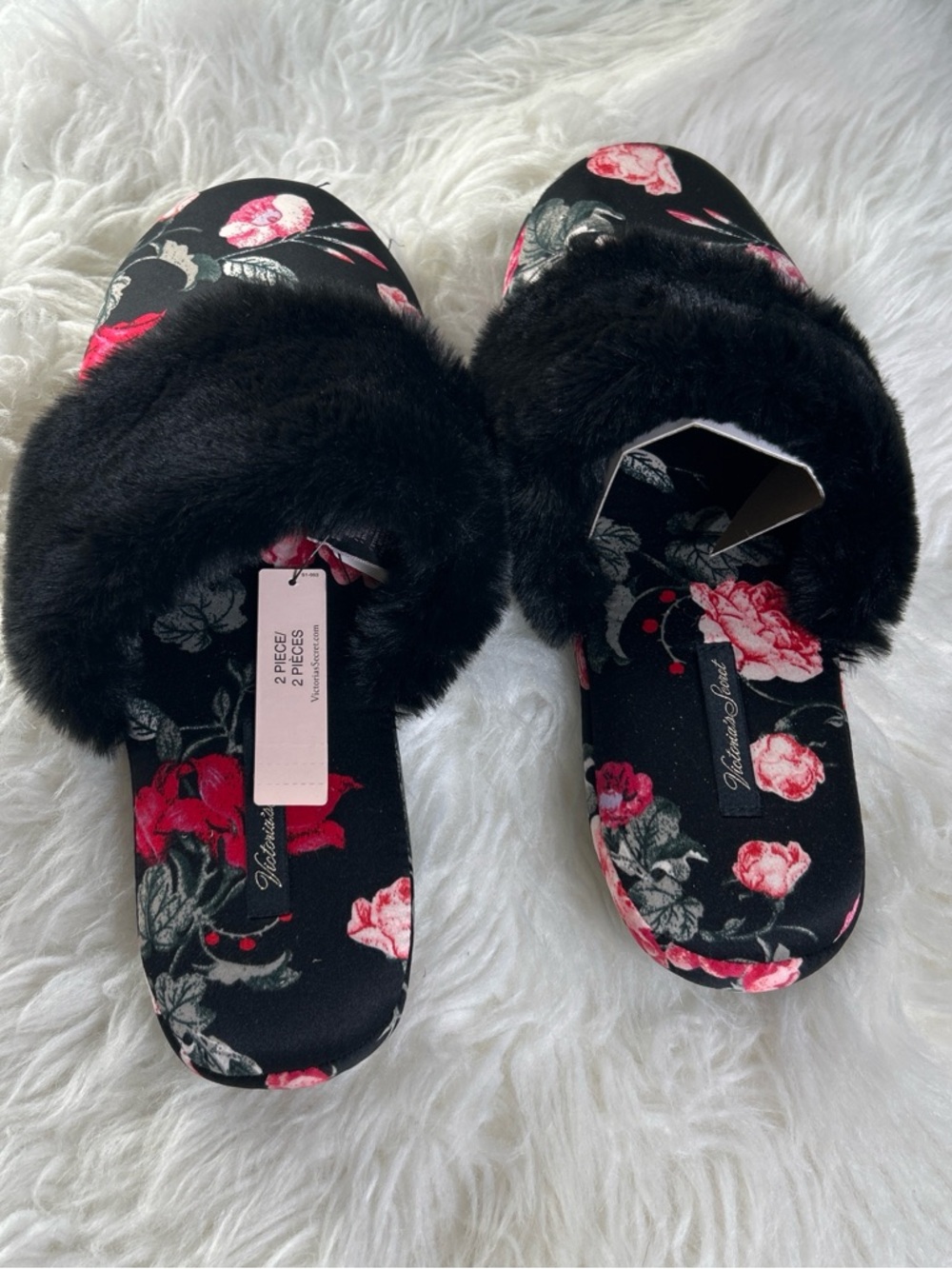 Victoria's Secret Size M 7/8 New Black Floral Slide Slippers with Pink Accents - Picture 3 of 7